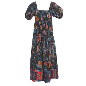 Farm Rio Dress XS Maxi Short Puff Sleeve Tiered Square Neck Floral Smocked